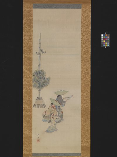 Dans Eden Şapkalı İki Kadın (ipek üzerine mürekkep ve renkli) by Ando or Utagawa Hiroshige
