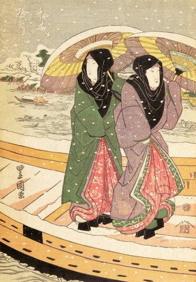 Women Walking over a Bridge in Snow, pub.c.1848 (colour woodblock print) by Ando or Utagawa Hiroshige