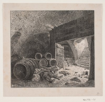 Sarhoş adam bir şarap mahzeninde sarhoş uyuyor by André Bork
