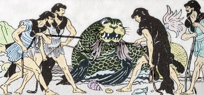 Odyssee d'Homere: "Truva Savaşı'ndan dönen Menelas, arkadaşlarıyla birlikte Pharos adasında tanrı Protee'yi ele geçirdi"" (Homer Odyssey: "" Menelaus ve arkadaşları, Truva'dan döndüklerinde tanrı Proteus'u yakal by Andre Bonamy