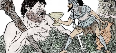 Odyssee d'Homere: “Homeros'un Odysseia'sı: Odysseus Cyclops Polyphemus'a bir bardak şarap sunuyor” Jean Baptiste Coissac'ın “Le retour d'Ulysse” adlı eserinde Andre Bonamy'nin (1880-1943) çizimi by Andre Bonamy