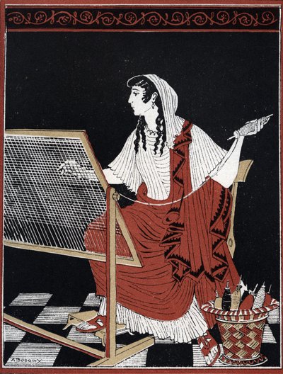 Odyssee d'Homere: Penelope, Homeros'un Odysseia'sı: Penelope, Odysseus'un dönüşünü beklerken tezgâhındaki gobleni sürekli çözüp yeniden yapıyor) Jean Baptiste'nin “Le retour d'Ulysse” adlı eserinde Andre Bonamy'nin (1880-1943) ç by Andre Bonamy