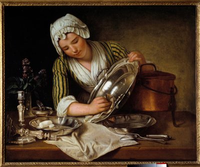 Servante asticant bir tabak veya “” La recureuse”” Andre Bouys (1656-1740) 1737 Paris, Dekoratif Sanatlar - Gümüşü cilalayan ev hizmetçisi (veya “” La Recureuse”). Andre Bouys