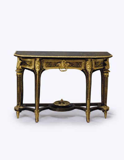 Bir çift ormolu monteli kahverengi bağa ayaklı sehpalardan biri, c.1710 (ormolu, pirinç kakma, bağa ve deri) (ayrıca bkz. 360580) by Andre Charles (attr. to) Boulle