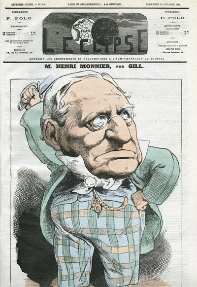 Karikatür Henri Monnier (1799-1877), Fransız oyun yazarı, karikatürist, oyuncu. Gill'in 25 Ekim tarihli “” L'Eclipse”” kapağı by Andre Gill