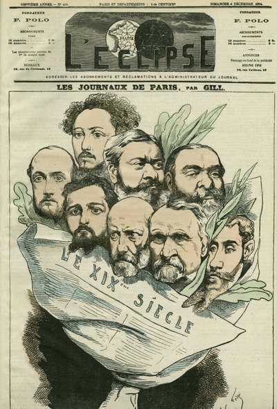 Fransız edebiyatçı Edmont About (1828-?) tarafından yönetilen “Le XIXe siècle” gazetesi ekibinin karikatürü. Gill