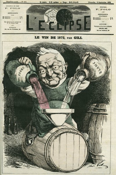 Le vin de 1872, Adolphe Thiers tarafından beyaz ve kırmızı şarabı karıştıran illüstrasyon (1797-1877), Fransız tarihçi ve devlet adamı. Gill