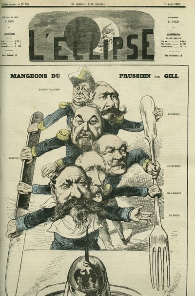 Generaller Le Boeuf (1806-1893), Mac-Mahon (1808-1893), Francois Achille Bazaine (Francois-Achille) ile Prusya yiyelim. by Andre Gill