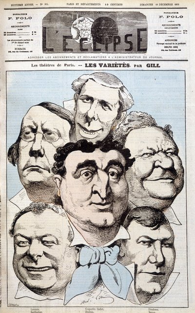 Léonce, Berthelier, Poppy Cadet, Dupuis, Pradeau ve Baron, tiyatro yazarlarının portreleri. Gill