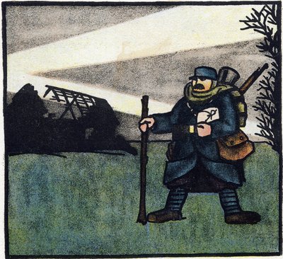 Birinci Dünya Savaşı 1914-1918 (14-18): Kıllı. Askeri üniformalı, sırt çantalı ve tüfekli bir Fransız askerinin portresi. "1914-1916 Büyük Savaş Alfabesi (askerlerimizin çocukları için)" içinde gravür. Editions Berger-Levrault by Andre Helle