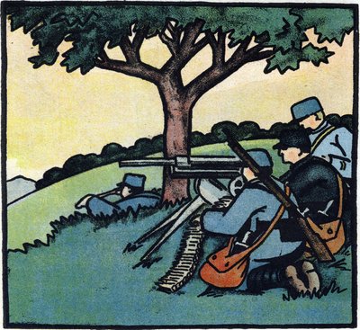 Birinci Dünya Savaşı 1914-1918 (14-18): Fransız ordusunun askerleri savaş meydanlarında makineli tüfek kullanırken. "1914-1916 Büyük Savaş Alfabesi (askerlerimizin çocukları için)" içinde gravür. Editions Berger-Levrault by Andre Helle