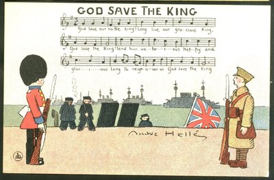 Kartpostal, Satirik Renkler: Tanrı Kralı Korusun - 14-18 Savaşı, İngiltere Büyük Britanya, Şarkı Söyleyen Askerler Andre Helle (1875-1945) tarafından illüstrasyon by Andre Helle