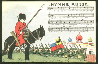 Kartpostal, Renklerle Hiciv: Rus Marşı - 14-18 Savaşı, Rusya, Şarkı Söyleyen - Askerler Andre Helle (1875-1945) tarafından illüstrasyon by Andre Helle