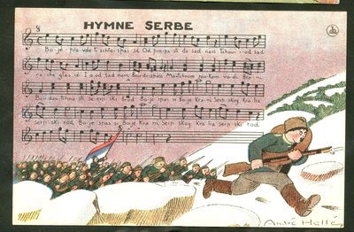 Kartpostal, Satirik Renkler: Sırp Marşı - 14-18 Savaşı, Şarkı, Sırbistan - Askerler Andre Helle (1875-1945) tarafından illüstrasyon by Andre Helle