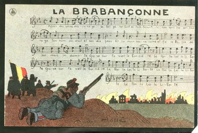 Kartpostal, Satirik Renkler, 1915 civarı: La brabanconne - 14-18 Savaşı, Belçika, İlahi - Askerler Andre Helle (1875-1945) tarafından illüstrasyon by Andre Helle