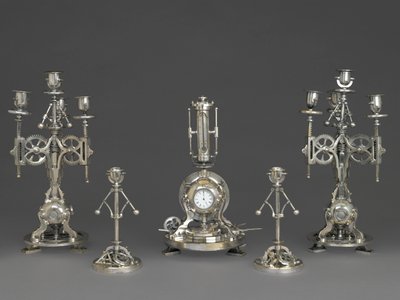 Beş Parçalı Saat Garnitür, c.1880 (gümüş bronz, cam ve kağıt) by Andre Romain Guilmet