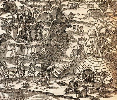 Küba'da madende çalışan Hintli köleler, Andre Thevet'in Kozmografisinden İllüstrasyon, gravür by Andre Thevet