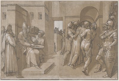 İsa götürülüyor, askerler sayfanın sağ tarafında duruyor, 1585. by Andrea Andreani