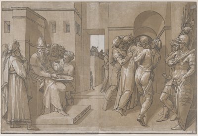 Soldaki Pilatus, çarşafın sol tarafında ellerini yıkıyor, 1585. by Andrea Andreani