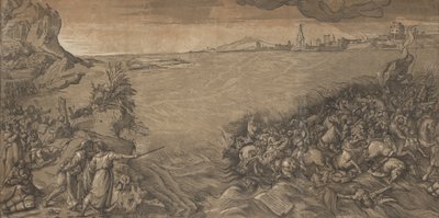 Kızıldeniz'in geçişi, Musa sol tarafta batık olan orduyu işaret ediyor..., 1589. by Andrea Andreani