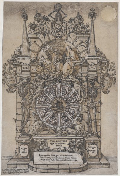 Bir çarkın üzerinde mimari bir çerçeve içinde üç kaderle Ölümün Zaferi..., 1588. by Andrea Andreani