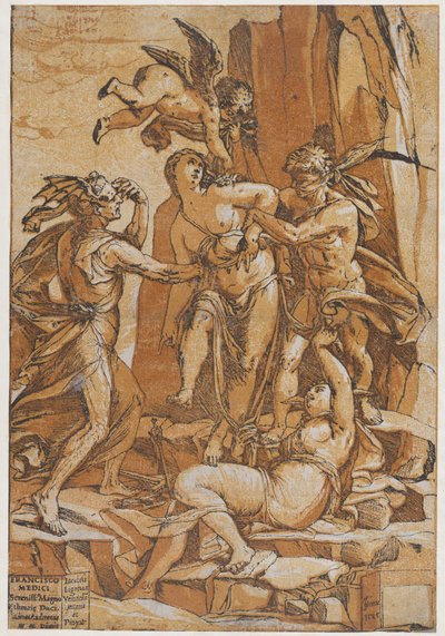 Erdem genç bir kadın olarak aşkı, hatayı, cehaleti temsil eden dört figürün ortasında..., 1585. by Andrea Andreani