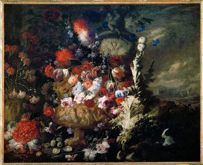 Manzara içinde çiçek ve meyve vazosu - Vase de fleurs et fruits dans un paysage ... by Andrea Belvedere