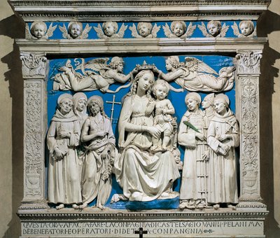 Azizlerle Madonna ve Çocuk, Andrea della Robbia (1435-1525), sırlı çanak çömlek, Medici Şapeli, Santa Croce Kilisesi, Floransa, İtalya by Andrea Della Robbia