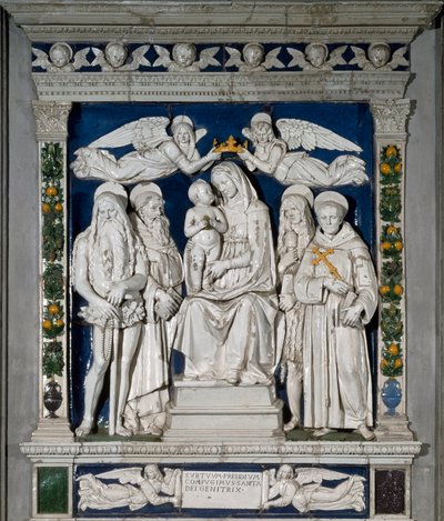Sığınağın Bakiresi Bakire Meryem ve Çocuk İsa, Anachorete Aziz Onupre (veya Büyük), Aziz Anthony the Great” (Aziz Anthony the Abbe (250/251-356), Saint Anthony the Hermit), Aziz Mecdelli Meryem ve Aziz François by Andrea Della Robbia