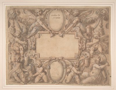 Alegorik Figürlerle Çevrili Bir Kartuş ve İki Kalkan., 1570-1631. by Andrea Lilli