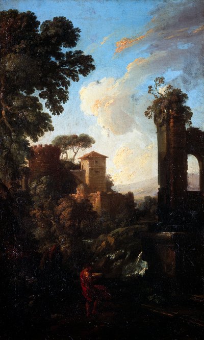 Kalıntılar ve ressam ile manzara, Andrea Locatelli (1695-1741), tuval üzerine yağlı boya, 41x25 cm. by Andrea Locatelli