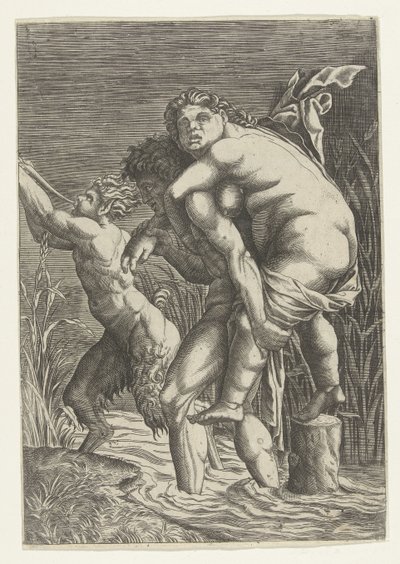 Adam kadını sırtında ve bir satir taşır. by Andrea Mantegna (school of)
