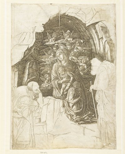Meryem ile mağarada melekler tarafından çevrili çocuklu Meryem ve hayranlıkla Yusuf ve kral by Andrea Mantegna (school of)