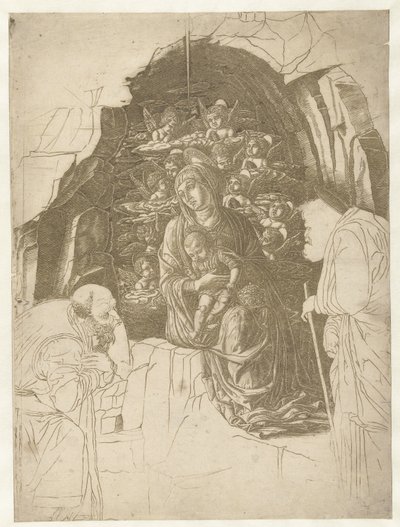 Meryem ile mağarada melekler tarafından çevrili çocuklu Meryem ve hayranlıkla Yusuf ve kral by Andrea Mantegna (school of)