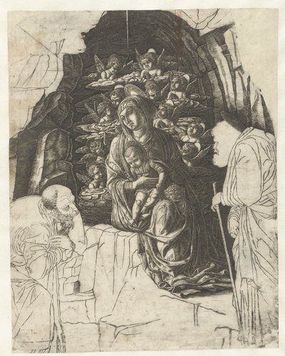 Meryem ile mağarada melekler tarafından çevrili çocuklu Meryem ve hayranlıkla Yusuf ve kral by Andrea Mantegna (school of)