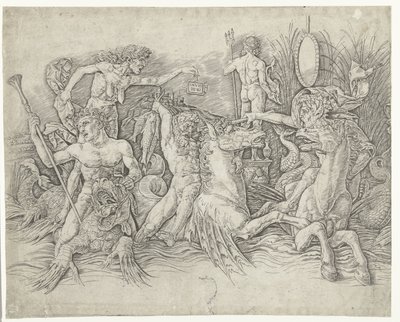 Ejderhanın sırtında duran kıskançlığın kişileşmesi olarak hipokampusa binen satirler ve yaşlı kadın arasındaki savaş Deniz Tanrıları Savaşı by Andrea Mantegna