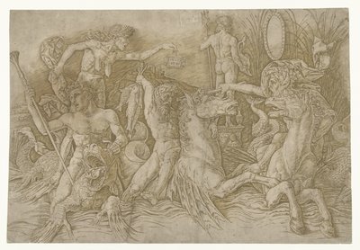 Ejderhanın sırtında duran kıskançlığın kişileşmesi olarak hipokampusa binen satirler ve yaşlı kadın arasındaki savaş Deniz Tanrıları Savaşı by Andrea Mantegna