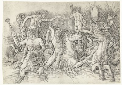 Ejderhanın arkasında duran kıskançlığın kişileşmesi olarak hipokampiye binen satirlerin ve yaşlı kadının savaşı Deniz tanrılarının savaşı by Andrea Mantegna