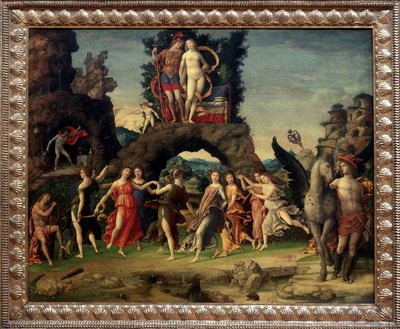 Mars ve Venüs veya Parnassus. Kaya üzerinde Mars ve Venüs, Pegase ve Merkür, Apollo ve dokuz ilham perisi Calliope (epik şiir), Clio (tarih), Erato (lirik sanat), Euterpe (müzik), Melpomene (trajedi), Polymnie (retorik), Terpsikor by Andrea Mantegna