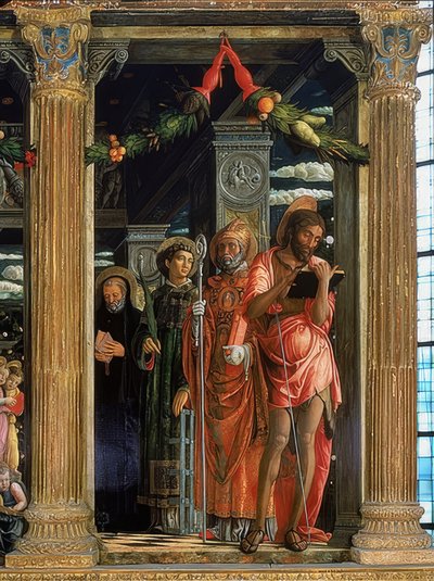 San Zeno Sunağı. Sağ Taraf. 1457-1460. Detay, Vaftizci Yahya, Romalı Lawrence, Hippolu Augustine ve Nursialı Benedict