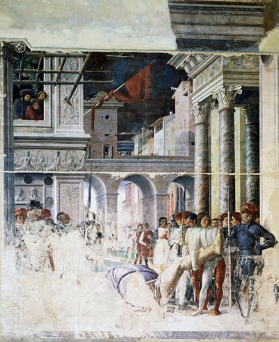 Aziz Christopher'ın başı kesilmiş cesedinin taşınması, Aziz Christopher Şehitliği'nden detay by Andrea Mantegna
