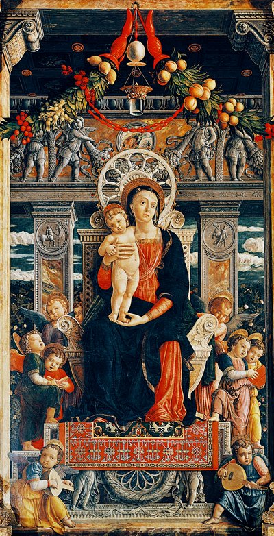 Bakire enthroned, Andrea Mantegna (1431-1506) tarafından San Zeno Altarpiece orta kısmından detay, ahşap, 220x115 cm, San Zeno Bazilikası, Verona by Andrea Mantegna