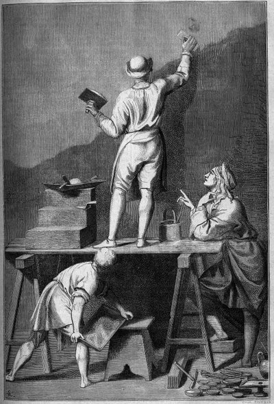 Bir fresk resmi (affresco) için sıvanın hazırlanması. Andrea Pozzo tarafından Chevignard tarafından çizim. by Andrea Pozzo