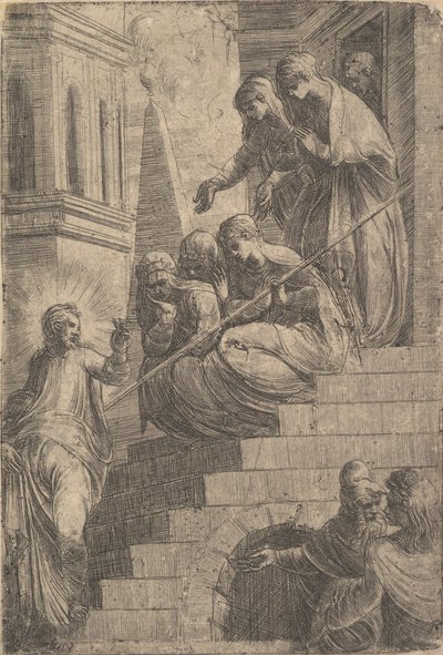Merdivenlerde oturan ve ayakta duran bir grup kadına hitap eden İsa, yakl. 1541-44. by Andrea Schiavone