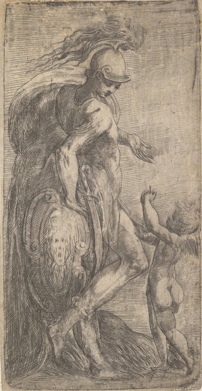 Solda bir kalkana yaslanmış duran Mars, sağda Cupid, yakl. 1542-46. by Andrea Schiavone