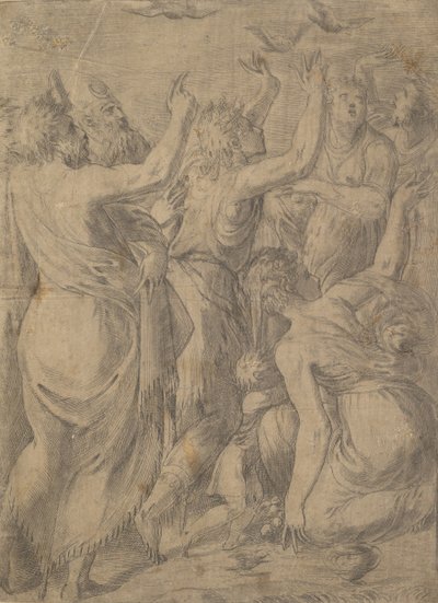 Musa, bıldırcınları İsraillilere bıldırcın ve manna mucizesini gösterirken, M.Ö. 1545. by Andrea Schiavone