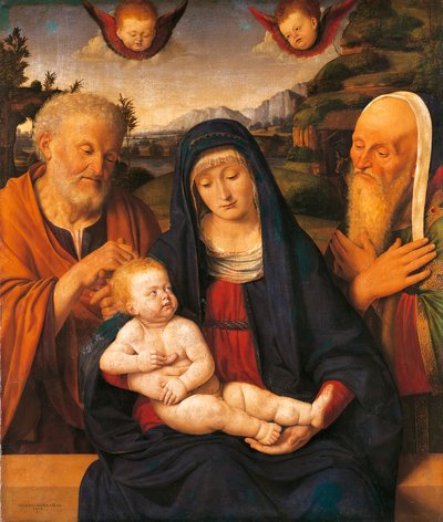 Andrea Solario (1470-1524) tarafından Aziz Joseph ve Simeon ile Madonna ve Çocuk, panelde tempera ve yağlı boya, tuvale aktarılmış by Andrea Solario