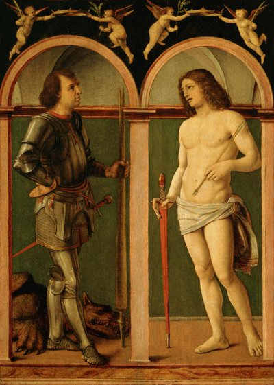 Aziz George ve Aziz Sebastian (ahşap panel üzerine yağlı boya) by Andrea Solario