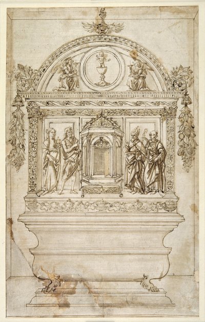 Eucharist için bir mesken ile bir şapelin sunağı için tasarım (beyaz kağıt üzerinde kahverengi yıkama ile kalem ve kahverengi mürekkep) by Andrea del (follower of) Verrocchio