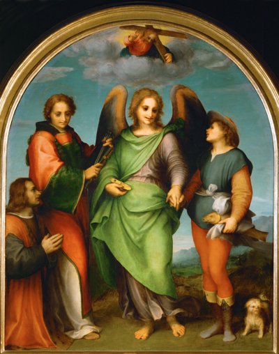 Başmelek Raphael ve Tobias, Aziz Laurentius ve bağışçı, Leonardo di Lorenzo Morelli (ahşap üzerine resim) by Andrea del Sarto